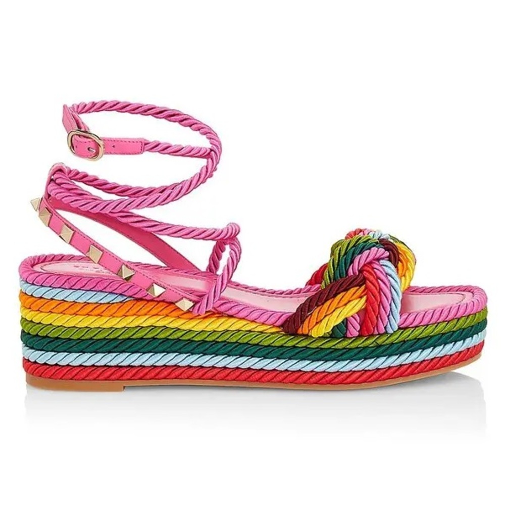 Valentino Garavani Braided Multi Color Rockstud Wedge Espadrille Sandals